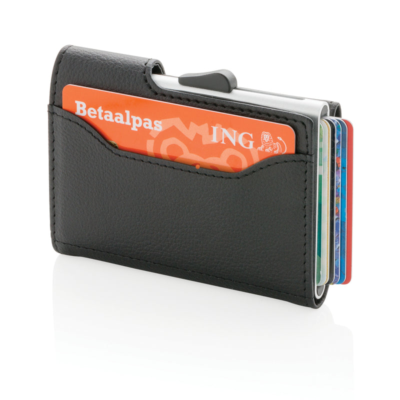 Load image into Gallery viewer, C-Secure RFID card holder and wallet in black with multiple card slots and compact design for secure travel storage.
