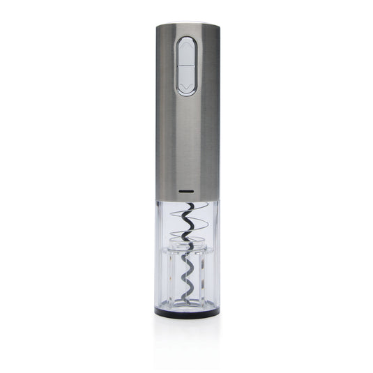 XD Collection electric wine opener, USB rechargeable, sleek home bar accessory with stainless steel corkscrew in action.