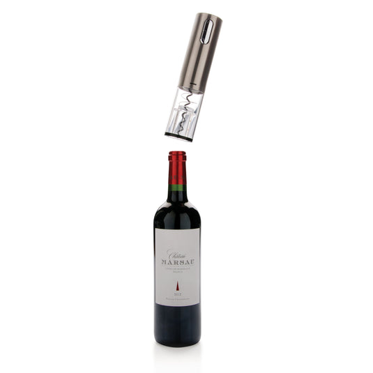 XD Collection electric wine opener with USB rechargeable feature, shown on a kitchen counter with wine bottles and glasses.