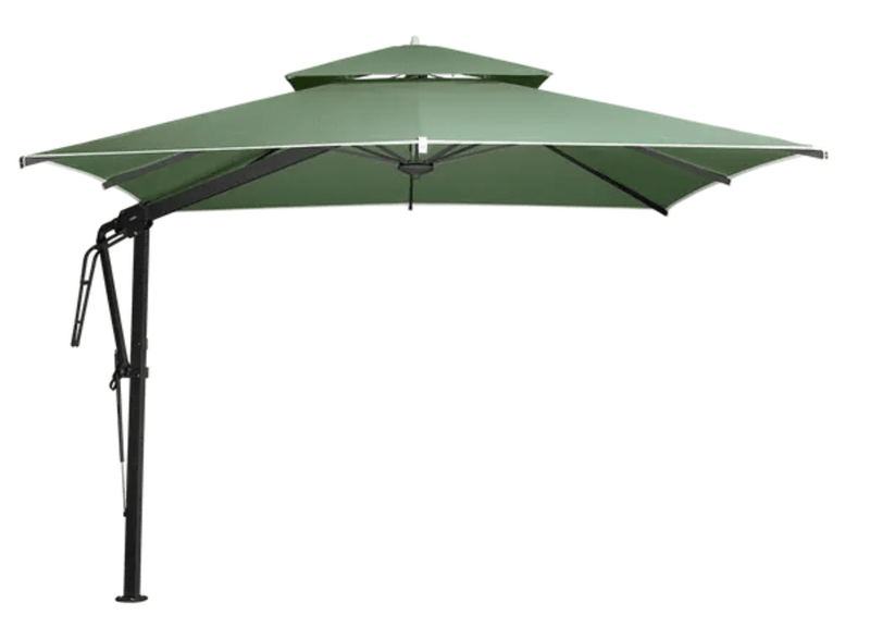Load image into Gallery viewer, Fermob Pagoda 300x300cm cantilever outdoor parasol set with antracite, almond, and green fabric, providing shade and outdoor style
