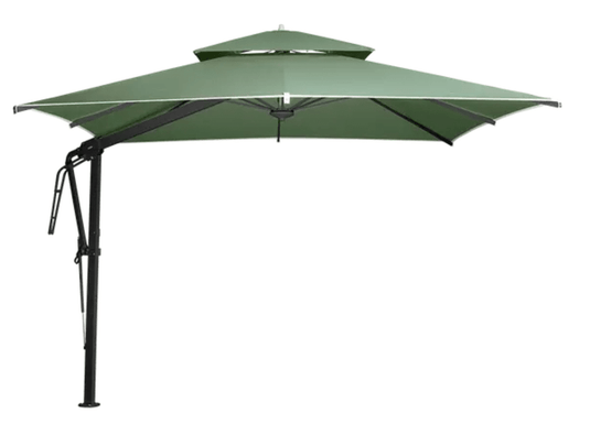 Fermob Pagoda 300x300cm cantilever outdoor parasol set with antracite, almond, and green fabric, providing shade and outdoor style