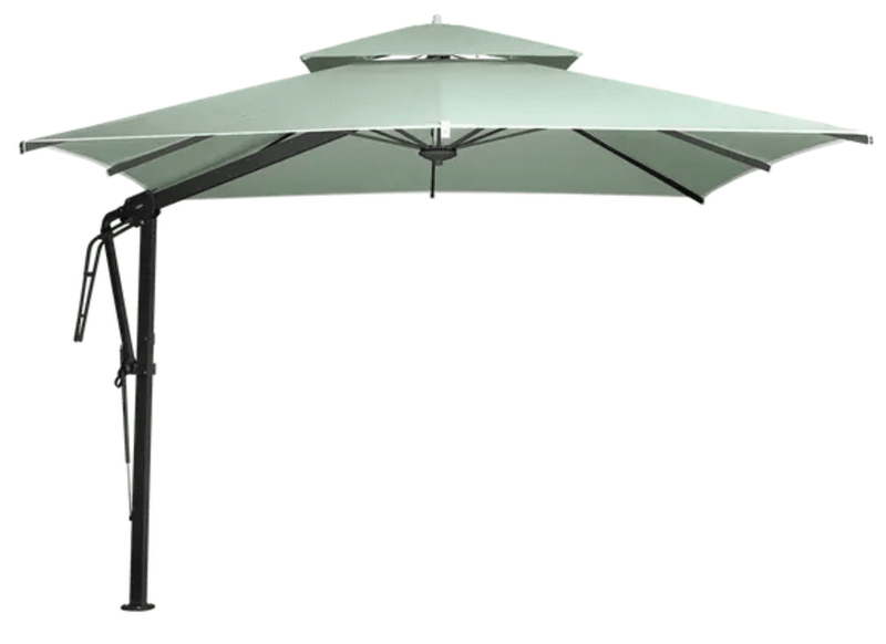 Load image into Gallery viewer, Fermob Pagoda 300x300cm cantilever outdoor parasol set with antracite frame and aqua green canopy, ideal for patio shade.
