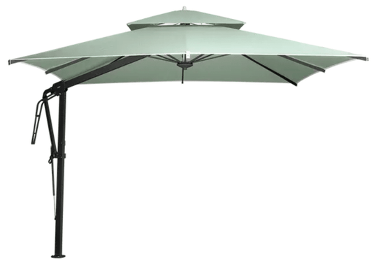Fermob Pagoda 300x300cm cantilever outdoor parasol set with antracite frame and aqua green canopy, ideal for patio shade.
