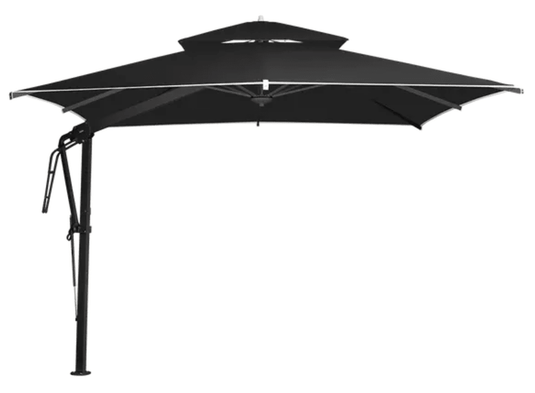 Fermob Pagoda 300x300cm cantilever outdoor parasol set in anthracite coal color with sturdy fabric canopy and base.
