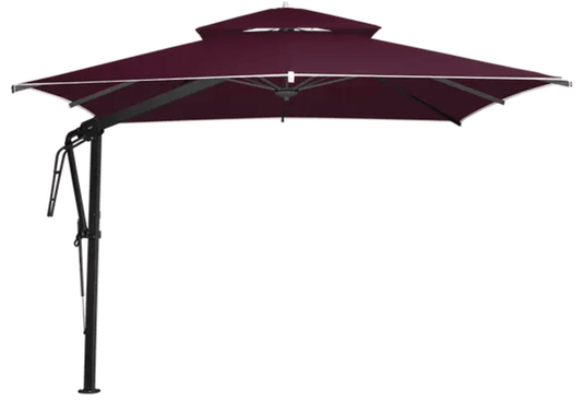 Fermob Pagoda 300x300cm cantilever outdoor parasol set with antracite and garnet fabric, ideal for shaded outdoor spaces