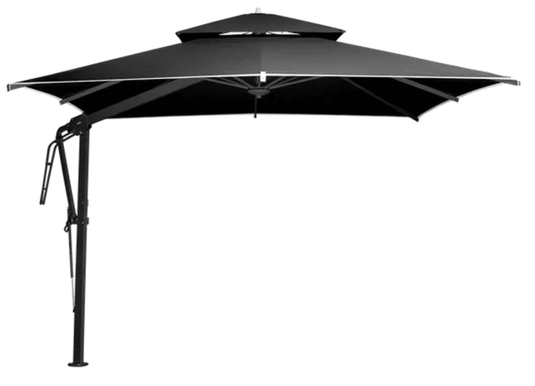 Fermob Pagoda 300x300cm outdoor cantilever parasol set in antracite granite color, with fabric canopy and sturdy base.