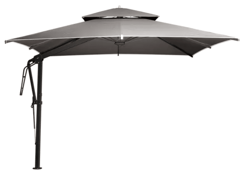 Load image into Gallery viewer, Fermob Pagoda outdoor cantilever parasol set in antracite and pebble colors, 300x300cm, with fabric canopy and sturdy base.
