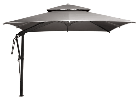 Fermob Pagoda outdoor cantilever parasol set in antracite and pebble colors, 300x300cm, with fabric canopy and sturdy base.