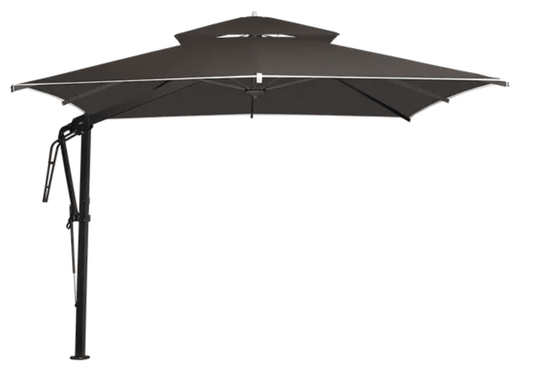 Fermob Pagoda 300x300cm outdoor cantilever parasol set in anthracite and peppercorn colors, featuring a large fabric canopy and sturdy frame.