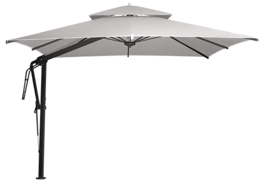 Fermob Pagoda outdoor parasol set with steel grey canopy, 300x300cm cantilever design for shaded outdoor spaces.