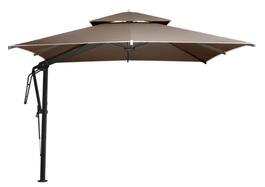 Fermob Pagoda 300x300cm cantilever outdoor parasol set with beige and brown fabric and sturdy metal frame.
