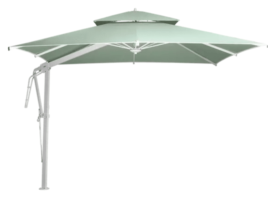 White, aqua, and green Fermob Pagoda 300x300cm outdoor cantilever parasol set with fabric canopy and sturdy frame.