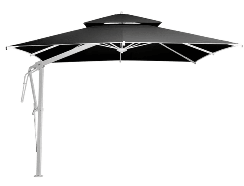 Load image into Gallery viewer, White granite Pagoda 300x300cm cantilever outdoor parasol set by Fermob with sturdy frame and fabric canopy.
