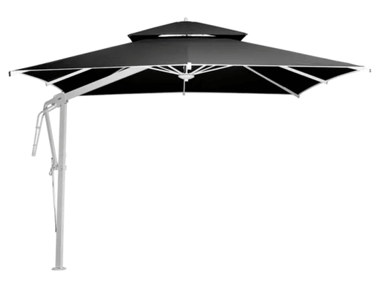 White granite Pagoda 300x300cm cantilever outdoor parasol set by Fermob with sturdy frame and fabric canopy.