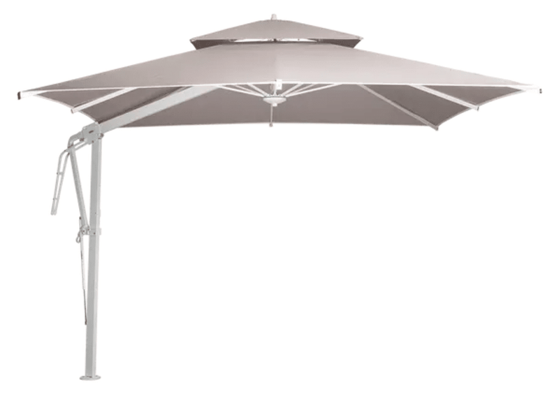 Load image into Gallery viewer, White Pagoda 300x300cm Fermob outdoor cantilever parasol set with a sturdy frame and fabric canopy for patio shading.
