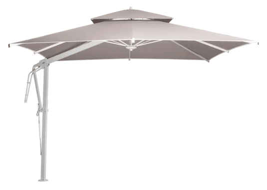 White Pagoda 300x300cm Fermob outdoor cantilever parasol set with a sturdy frame and fabric canopy for patio shading.