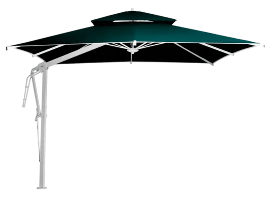 White and peacock green Pagoda 300x300cm cantilever outdoor parasol set by Fermob with fabric canopy and sturdy frame.