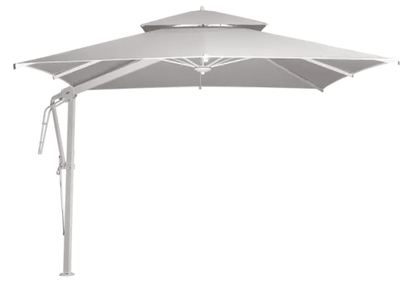 Load image into Gallery viewer, White steel grey Pagoda 300x300cm cantilever outdoor parasol set by Fermob, with fabric canopy and sturdy metal frame.
