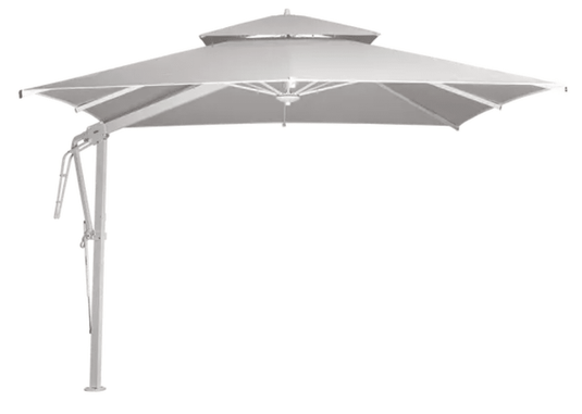 White steel grey Pagoda 300x300cm cantilever outdoor parasol set by Fermob, with fabric canopy and sturdy metal frame.