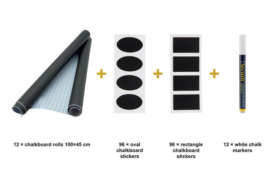 Pantry Organiser Set - Self-Adhesive Chalkboard Wall Rolls + Oval & Rectangle Chalkboard Stickers + White Chalk Markers - what is in the set