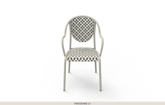 Parisienne 21 Chair Steel Chair - Custom Wood DesignsFermob Parisienne 21 steel bistro chair with a curved back and metal slats, ideal for outdoor use.Fermob Metal Chair Outdoor24575202231575White off green
