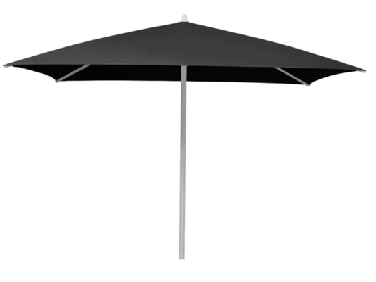 Black Fermob PAXI outdoor parasol with 200x200cm canopy and matching base, ideal for outdoor restaurant or hotel patio areas.