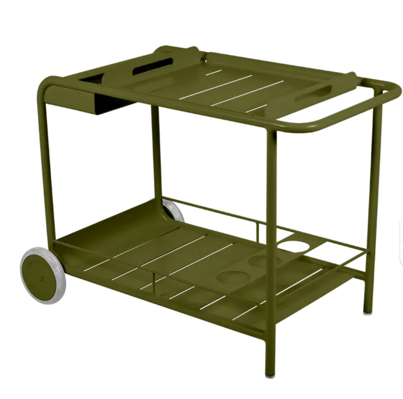 Load image into Gallery viewer, Fermob Luxembourg side bar trolley with wheels, ideal for restaurant terrace drinks service, featuring a sleek table design.

