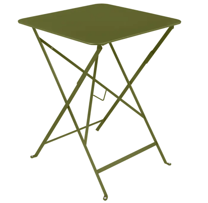 Load image into Gallery viewer, Pesto green Fermob foldable metal bistro table, 57x57 inches, outdoor café table with a compact, foldable design for outdoor dining.
