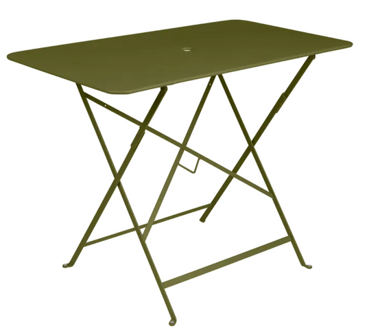 Pesto green Fermob metal foldable bistro table measuring 97x57 cm, outdoor UV-resistant powder-coated surface.