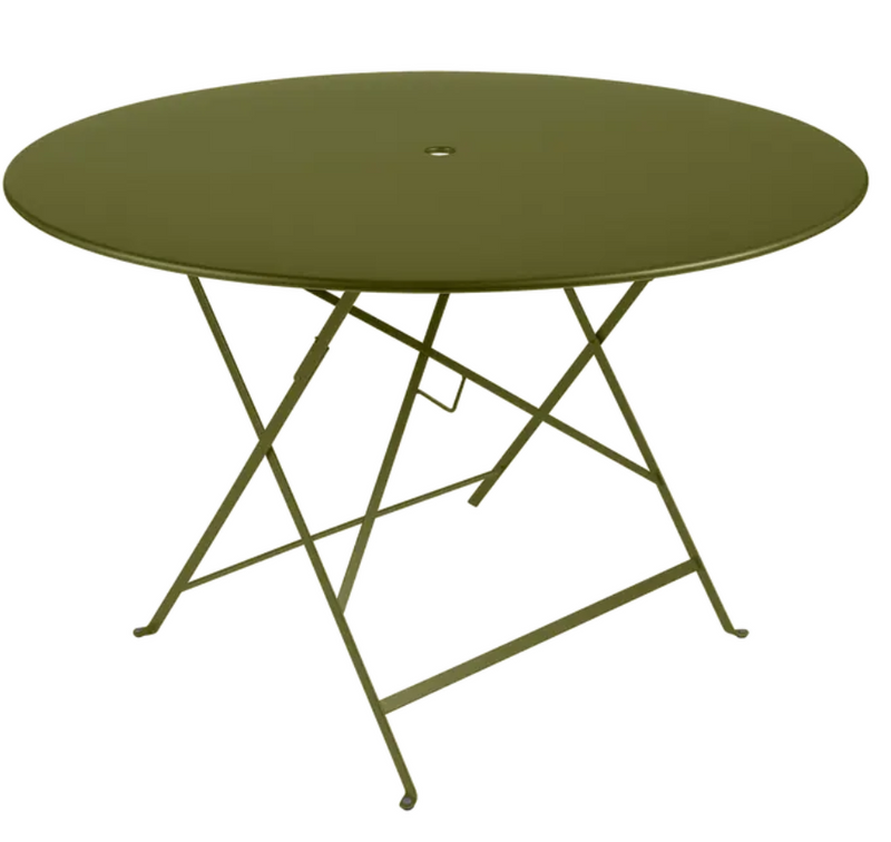Load image into Gallery viewer, Large round Fermob Bistro Table Ø117cm in pesto green, outdoor metal dining table suitable for six seats.
