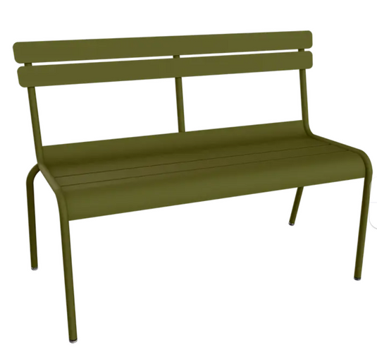 Fermob Luxembourg 2/3-seater outdoor bench with backrest, suitable for patio or hallway, shown in pesto color.