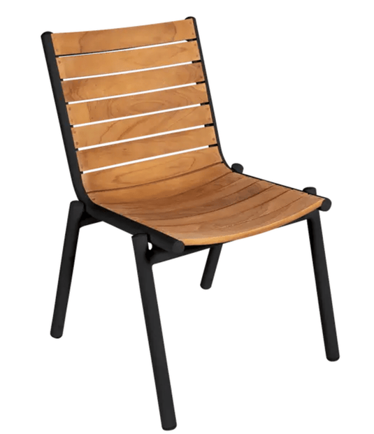 Fermob Pilotis Teak Outdoor Chair with anodized aluminum frame and teak armrests, designed for outdoor seating.