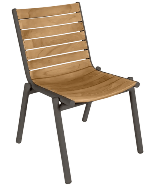 Fermob Pilotis Teak Outdoor Chair with brown aluminum frame and teak wood armrests, suitable for patio or garden seating.
