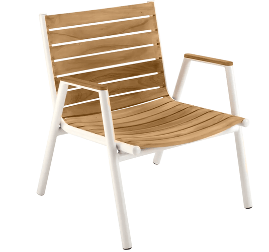 Fermob Pilotis teak low armchair with white cushions, outdoor teak chair with clean design and sturdy construction.