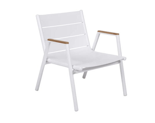 Fermob Pilotis V aluminium low armchair with teak armrests, outdoor restaurant furniture, sleek modern design