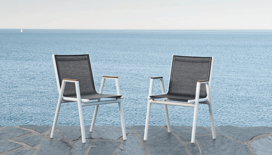 Pilotis V Batyline Armchair Teak - Custom Wood DesignsFermob Pilotis V Batyline teak armchair with woven Batyline fabric and teak wood frame, suitable for outdoor restaurant or hotel use.Teak Batyline Armchair24575194742039