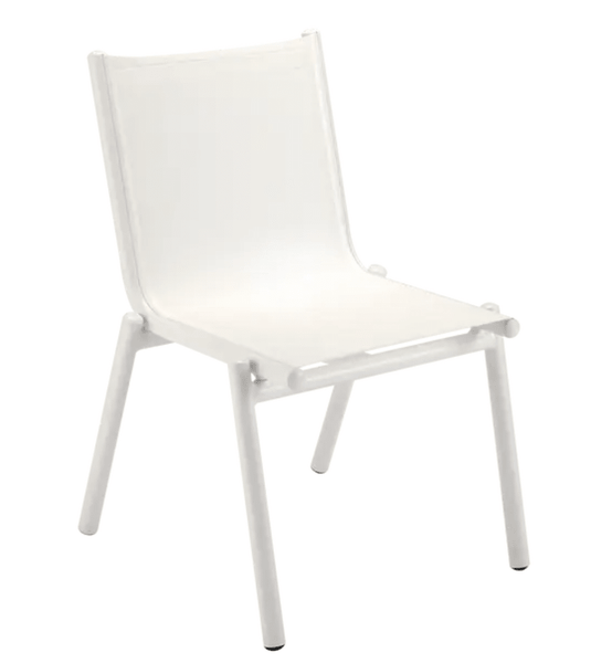Cotton white Fermob Pilotis V Batyline outdoor chair with a modern design and curved armrests for outdoor seating.
