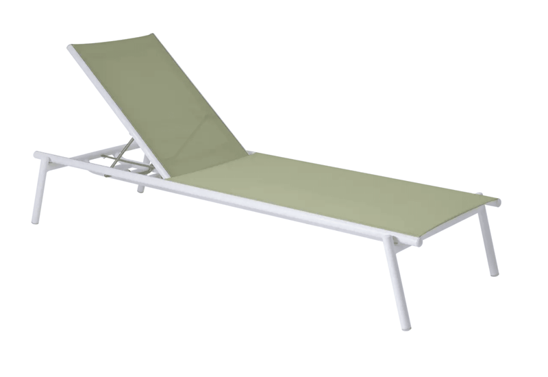 Load image into Gallery viewer, Pilotis V. Batyline® Sunlounger - Custom Wood DesignsFermob Pilotis V. Batyline® sunlounger with a sleek design, featuring a cushioned seat and adjustable backrest for outdoor relaxation.Sunlounger24575195003767Basil
