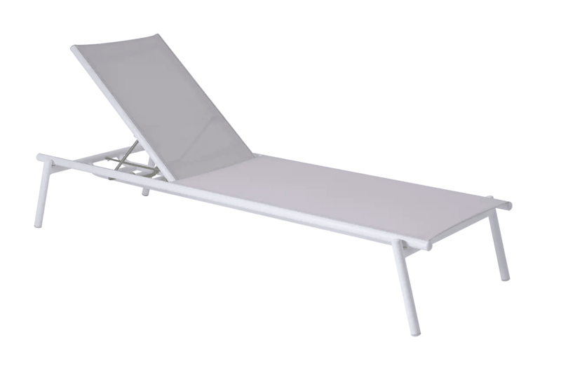 Load image into Gallery viewer, Pilotis V. Batyline® Sunlounger - Custom Wood DesignsFermob Pilotis V. Batyline® sunlounger with silver-grey frame, outdoor poolside furniture with adjustable backrest and fabric seatSunlounger24575195865911SilverGrey
