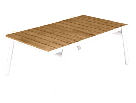 Fermob Pilotis V. low teak table with 104x67.5 cm rectangular surface, showcasing sleek, modern outdoor furniture design