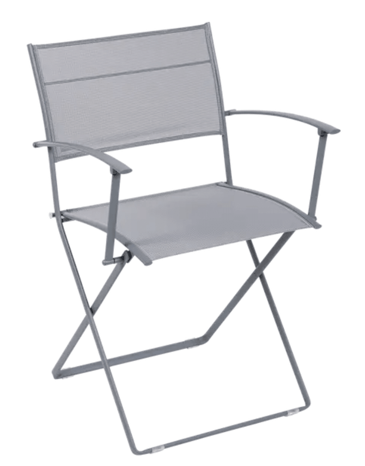 Load image into Gallery viewer, Storm grey Fermob Plein Air Armchair folding chair with sleek design and metal frame, suitable for outdoor use.
