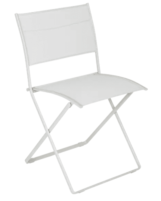 Fermob Plein Air folding chair in gray, outdoor furniture with a lightweight, portable design and metal frame.