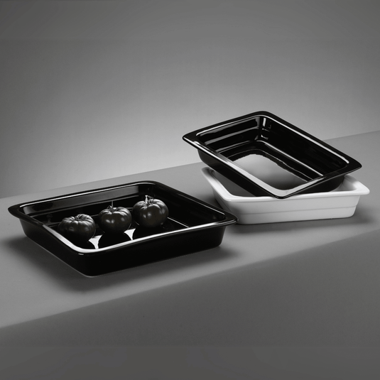 Porcelain container GN 1/1 (H)65mm - Custom Wood DesignsPorcelain GN container with 1/1 size, 65mm height, from Fine Dine, showing a sleek, white, rectangular food storage dish.porcelain container gn783009