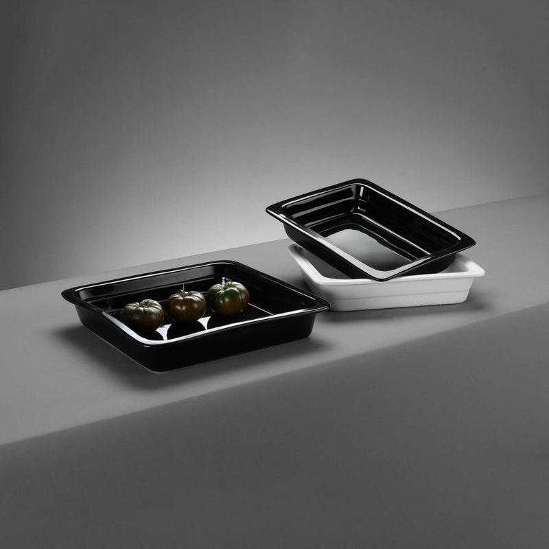 Load image into Gallery viewer, Porcelain GN Container GN 1/1 – Black, 525×320×68mm - Custom Wood DesignsBlack porcelain GN container GN 1/1 by Fine Dine, rectangular with 525x320x68mm dimensions, smooth surface and durable finish.GN porcelain container783979
