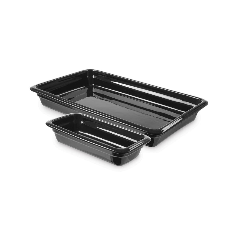 Load image into Gallery viewer, Porcelain GN Container GN 1/1 – Black, 525×320×68mm - Custom Wood DesignsBlack porcelain GN container GN 1/1 by Fine Dine, measuring 525x320x68mm, with a sleek, durable design for food storage.GN porcelain container783979
