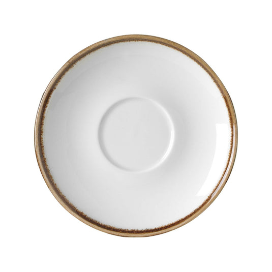 Vanilla-colored cup saucer for stackable cups, 140mm, by Fine Dine, featuring a smooth, round design suitable for elegant table settings.