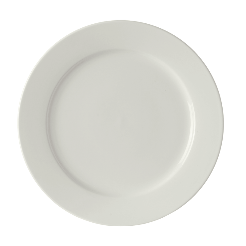 Load image into Gallery viewer, Fine Dine 300mm shallow flat plate with smooth, white ceramic surface, ideal for serving appetizers or desserts.
