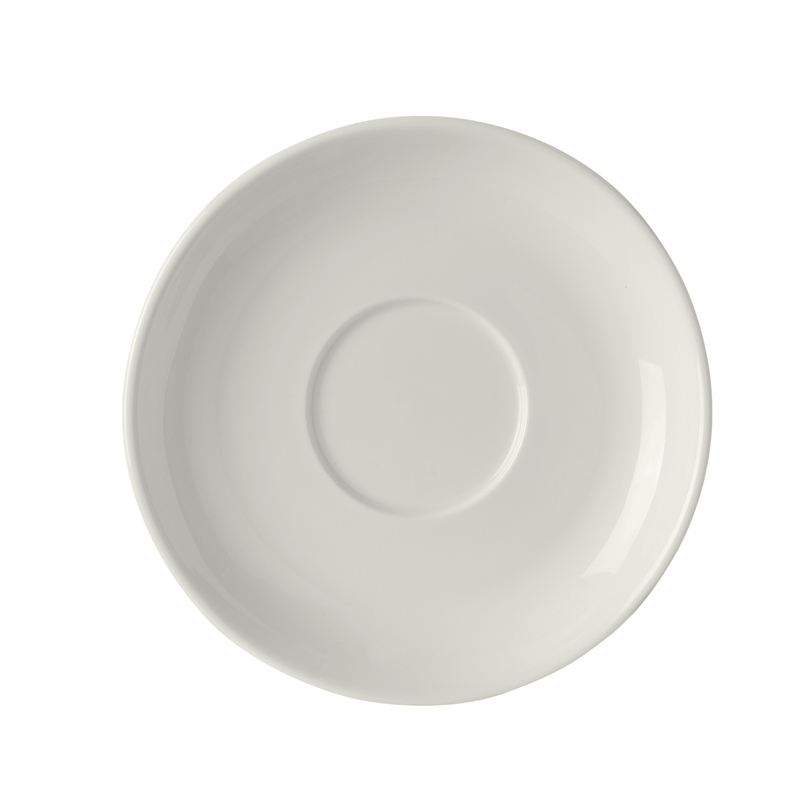 Load image into Gallery viewer, Elegant cappuccino cup saucer by Fine Dine, 150mm diameter, showcasing a smooth, white ceramic design perfect for stylish coffee servings.
