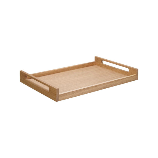 Fine Dine oak room service tray measuring 603x402mm, featuring a smooth wooden surface and sturdy handles for serving.
