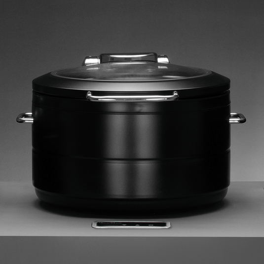 Fine Dine De Luxe black round induction chafing dish with glass lid, 9L, designed for warmers and buffet serving.